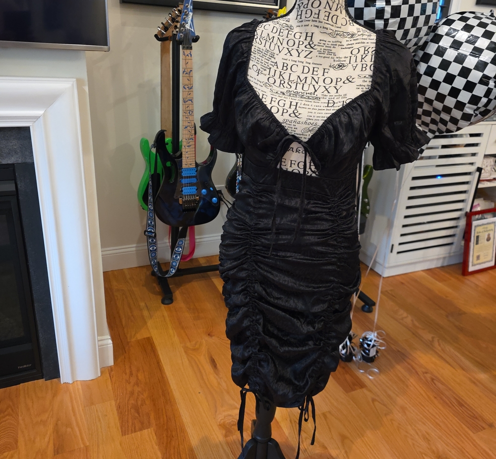 Le Lis Black Ruched Satin Mini Dress with Puff Sleeves